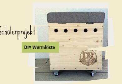 Collage poster for a student project: a wooden DIY worm bin on wheels with the words 'Schülerprojekt' and 'DIY Wurmkiste'.